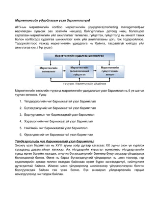 Маркетингийн удирдлагын үзэл баримтлалууд
АНУ-ын маркетингийн холбоо маркетингийн удирдлага(marketing management)-ыг
өөрчлөгдөн хувьсах зах зээлийн нөхцөлд байгууллагын дотоод нөөц бололцоог
харгалзан маркетингийн үйл ажиллагааг төлөвлөх, гүйцэтгэх, гүйцэтгэлд нь хяналт тавих
болон холбогдох судалгаа шинжилгээг хийх үйл ажиллагааны цогц гэж тодорхойлжээ.
Тодорхойлтоос үзэхэд маркетингийн удирдлага нь байнга, тасралтгүй хийгдэх үйл
ажиллагаа юм. (1-р зураг)

Маркетингийн хөгжлийн түүхэнд маркетингийн удирдлагын үзэл баримтлал нь 6 үе шатыг
туулан хөгжжээ. Үүнд:
1. Үйлдвэрлэлийн чиг баримжаатай үзэл баримтлал
2. Бүтээгдэхүүний чиг баримжаатай үзэл баримтлал
3. Борлуулалтын чиг баримжаатай үзэл баримтлал
4. Хэрэглэгчийн чиг баримжаатай үзэл баримтлал
5. Нийгмийн чиг баримжаатай үзэл баримтлал
6. Өрсөлдөөний чиг баримжаатай үзэл баримтлал
Үйлдвэрлэлийн чиг баримжаатай үзэл баримтлал
Энэхүү үзэл баримтлал нь XYIII зууны хоёр дугаар хагасаас ХХ зууны эхэн үе хүртлэх
хугацаанд давамгайлан хөгжжээ. Аж үйлдвэрийн хувьсгал өрнөснөөр үйлдвэрлэлийн
хувьд өргөн боломж нээгдэж, илүү их бүтээгдэхүүнийг бөөнөөр буюу массаар үйлдвэрлэх
бололцоотой болов. Өмнө нь бараа бүтээгдэхүүний үйлдвэрлэл нь цөөн тоогоор, гар
хөдөлмөрийн аргаар голлон явагдаж байснаас эрэлт бүрэн хангагддаггүй, нийлүүлэлт
дутагдалтай байжээ. Иймээс масс үйлдвэрлэлд шилжсэнээр үйлдвэрлэгдсэн болгон
борлуулагдаж байсан гэж үзэж болно. Бүх анхаарал үйлдвэрлэлийн гарцыг
нэмэгдүүлэхэд чиглэгдэж байлаа.

 