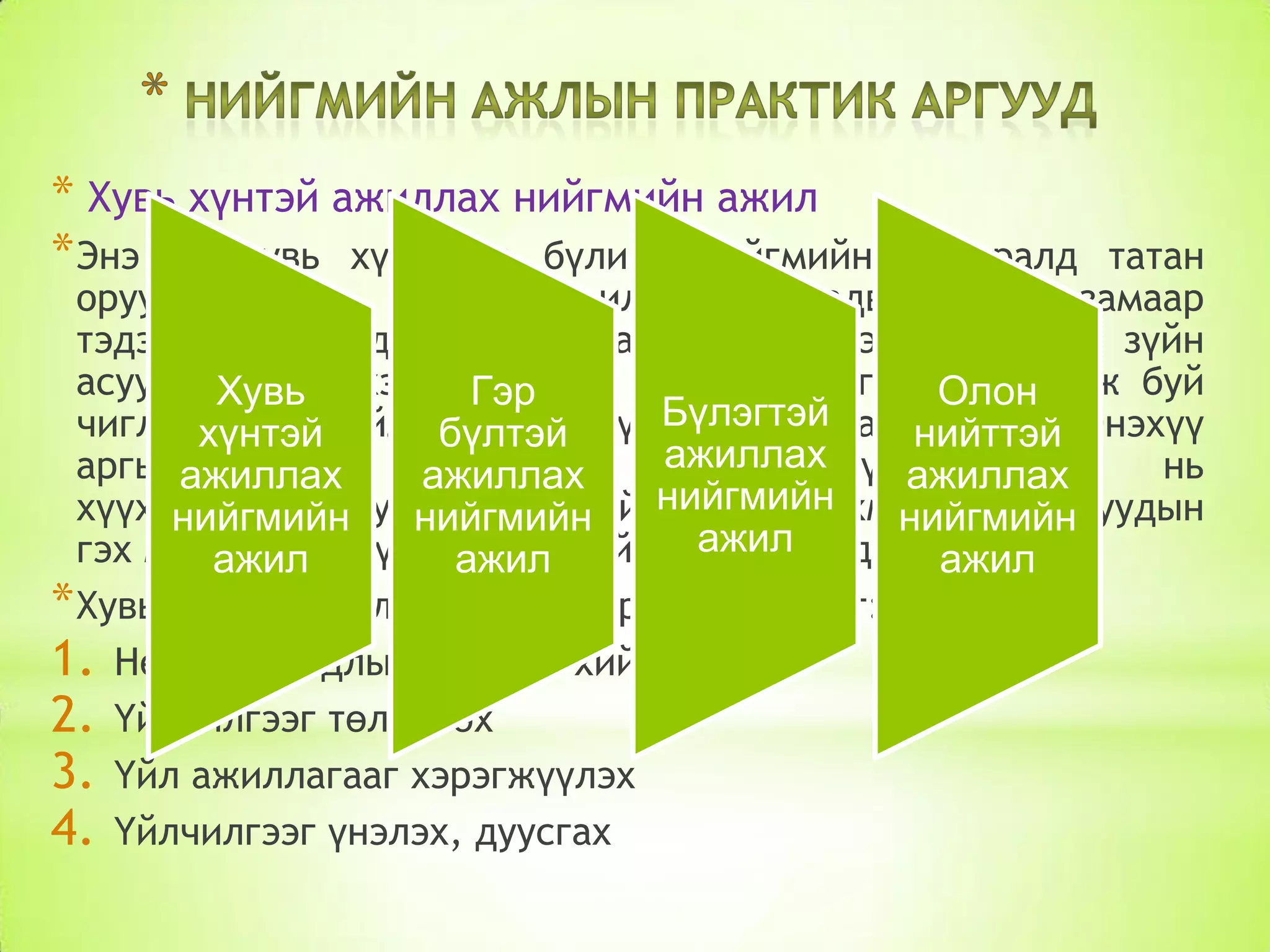 * Хувь хүнтэй ажиллах нийгмийн ажил
* Энэ нь хувь хүн, гэр бүлийг нийгмийн

амьдралд татан
оруулах, нөөц чадвахийг илрүүлэх, чадваржуулах замаар
тэдэнд тохиолдож буй харилцаа,нийгэм ,сэтгэл зүйн
асуудлыг шийдхэд нйигмийн ажилтны зүгээс Олон
хэрэглэж буй
Хувь
Гэр
Бүлэгтэй
чиглэлхүнтэй зүйл, бүлтэй үйл ажиллагаа нийттэй Энэхүү
үнэт
практик
юмаа.
ажиллах
аргынажиллах хүрээнд
үйлчлүүлэгч
нь
ажиллах
ажиллах
нийгмийн
хүүхэд, залуучуудын, эмэгтэйчүүдийн ,ахмад настангуудын
нийгмийн
нийгмийн
нийгмийн
ажилбайдаг.
гэх мэт ажилхүмүүст ажил үйлчилгээ
хувь
туслах
ажил
* Хувь хүнтэй ажиллах аргыг хэрэглэх үе шат:
1. Нөхцөл байдлын үнэлгээ хийх
2. Үйлчилгээг төлөвлөх
3. Үйл ажиллагааг хэрэгжүүлэх
4. Үйлчилгээг үнэлэх, дуусгах

 