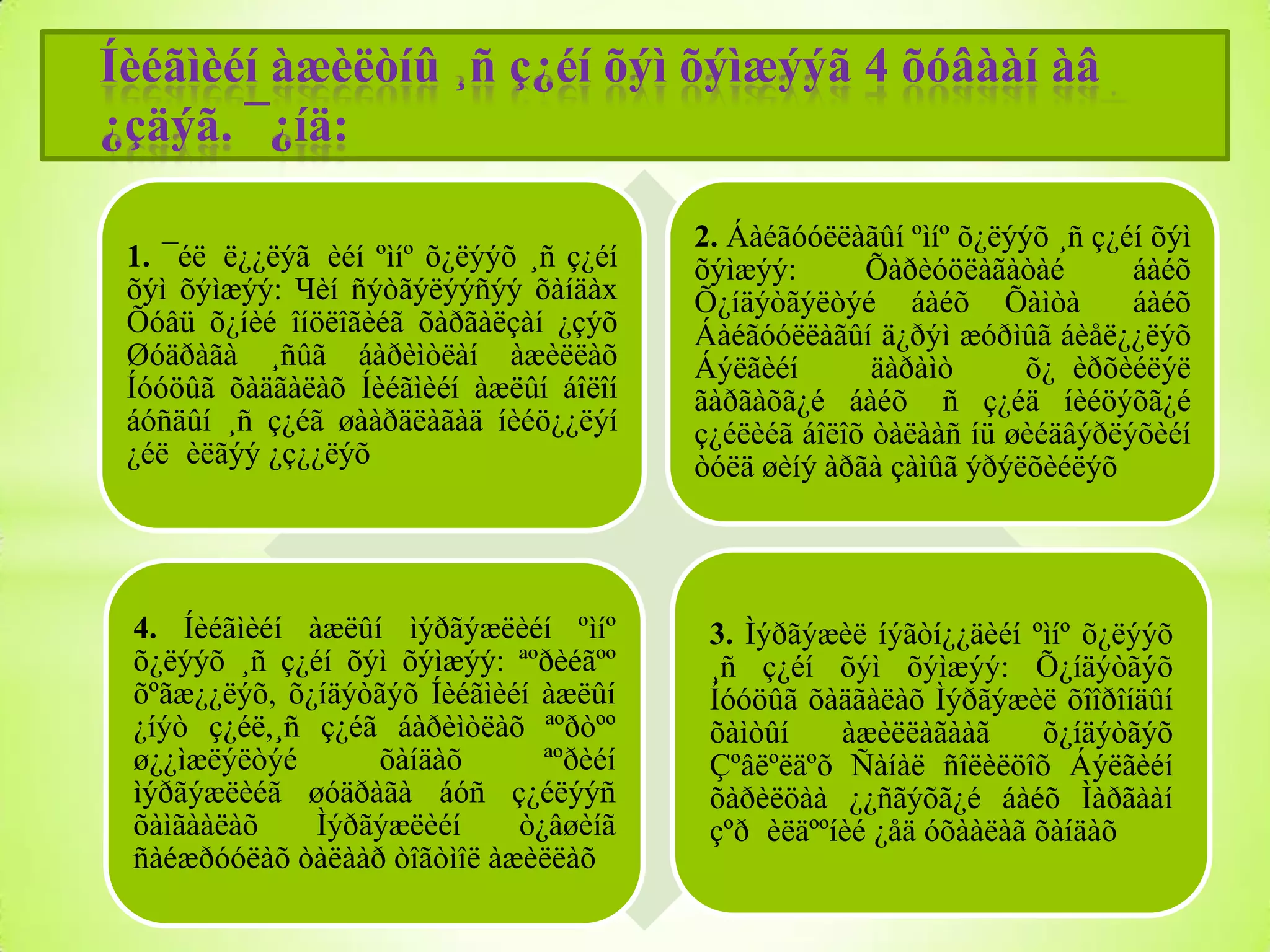 Íèéãìèéí àæèëòíû ¸ñ ç¿éí õýì õýìæýýã 4 õóâààí àâ
¿çäýã. ¯¿íä:
1. ¯éë ë¿¿ëýã èéí ºìíº õ¿ëýýõ ¸ñ ç¿éí
õýì õýìæýý: Чèí ñýòãýëýýñýý õàíäàх
Õóâü õ¿íèé îíöëîãèéã õàðãàëçàí ¿çýõ
Øóäðàãà ¸ñûã áàðèìòëàí àæèëëàõ
Íóóöûã õàäãàëàõ Íèéãìèéí àæëûí áîëîí
áóñäûí ¸ñ ç¿éã øààðäëàãàä íèéö¿¿ëýí
¿éë èëãýý ¿ç¿¿ëýõ

2. Áàéãóóëëàãûí ºìíº õ¿ëýýõ ¸ñ ç¿éí õýì
õýìæýý:
Õàðèóöëàãàòàé
áàéõ
Õ¿íäýòãýëòýé áàéõ Õàìòà
áàéõ
Áàéãóóëëàãûí ä¿ðýì æóðìûã áèåë¿¿ëýõ
Áýëãèéí
äàðàìò
õ¿ èðõèéëýë
ãàðãàõã¿é áàéõ ñ ç¿éä íèéöýõã¿é
ç¿éëèéã áîëîõ òàëààñ íü øèéäâýðëýõèéí
òóëä øèíý àðãà çàìûã ýðýëõèéëýõ

4. Íèéãìèéí àæëûí ìýðãýæëèéí ºìíº
õ¿ëýýõ ¸ñ ç¿éí õýì õýìæýý: ªºðèéãºº
õºãæ¿¿ëýõ, õ¿íäýòãýõ Íèéãìèéí àæëûí
¿íýò ç¿éë,¸ñ ç¿éã áàðèìòëàõ ªºðòºº
ø¿¿ìæëýëòýé
õàíäàõ
ªºðèéí
ìýðãýæëèéã øóäðàãà áóñ ç¿éëýýñ
õàìãààëàõ
Ìýðãýæëèéí
ò¿âøèíã
ñàéæðóóëàõ òàëààð òîãòìîë àæèëëàõ

3. Ìýðãýæèë íýãòí¿¿äèéí ºìíº õ¿ëýýõ
¸ñ ç¿éí õýì õýìæýý: Õ¿íäýòãýõ
Íóóöûã õàäãàëàõ Ìýðãýæèë õîîðîíäûí
õàìòûí
àæèëëàãààã
õ¿íäýòãýõ
Çºâëºëäºõ Ñàíàë ñîëèëöîõ Áýëãèéí
õàðèëöàà ¿¿ñãýõã¿é áàéõ Ìàðãààí
çºð èëäººíèé ¿åä óõààëàã õàíäàõ

 