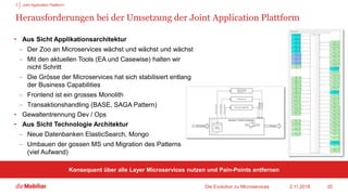 Herausforderungen bei der Umsetzung der Joint Application Plattform
• Aus Sicht Applikationsarchitektur
 Der Zoo an Microservices wächst und wächst und wächst
 Mit den aktuellen Tools (EA und Casewise) halten wir
nicht Schritt
 Die Grösse der Microservices hat sich stabilisiert entlang
der Business Capabilities
 Frontend ist ein grosses Monolith
 Transaktionshandling (BASE, SAGA Pattern)
• Gewaltentrennung Dev / Ops
• Aus Sicht Technologie Architektur
 Neue Datenbanken ElasticSearch, Mongo
 Umbauen der gossen MS und Migration des Patterns
(viel Aufwand)
2.11.2018Die Evolution zu Microservices 20
Konsequent über alle Layer Microservices nutzen und Pain-Points entfernen
3 Joint Application Plattform
 