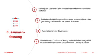 Zusammen-
fassung
3 Automatisieren der Governance
4
Versionierung, Continuous Testing und Continuous Integration
müssen verankert werden um Continuous Delivery zu leben
1
Konsequent über alle Layer Microservies nutzen und Painpoints
entfernen
2
Präferierte Entwicklungsplattform weiter standardisieren, aber
gleichzeitig Freiheiten für die Teams erarbeiten
Die Evolution zu Microservices 252.11.2018
 