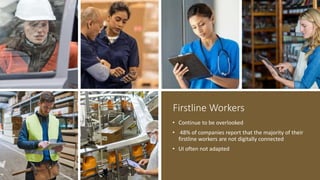 Firstline Workers
• Continue to be overlooked
• 48% of companies report that the majority of their
firstline workers are not digitally connected
• UI often not adapted
 