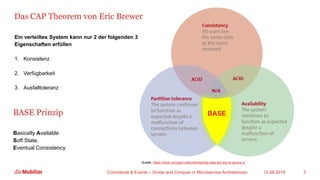 Das CAP Theorem von Eric Brewer
Ein verteiltes System kann nur 2 der folgenden 3
Eigenschaften erfüllen
1. Konsistenz
2. Verfügbarkeit
3. Ausfalltoleranz
12.08.2019Commands & Events – Divide and Conquer in Microservice Architekturen 3
Quelle: https://www.compact.nl/en/articles/big-data-too-big-to-ignore-2/
BASE Prinzip
Basically Available
Soft State,
Eventual Consistency
BASE
 