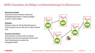 BASE Transaktion als Abfolge von Statusänderungen in Microservices
12.08.2019Commands & Events – Divide and Conquer in Microservice Architekturen 4
Basically Available
Asynchrone Kommunikation überbrückt
Verfügbarkeitsprobleme. Auftrag entgegen
nehmen, Antwort später…
Softstate
Zustand in dem ein Teil der Microservices im
neuen Zustand und ein Teil noch im alten Zustand
sind.
Eventual Consistent
Schlussendlich erreichen alle involvierten
Microservices einen konsistenten Zustand oder
über Kompensationen wieder den
Ausgangszustand.
 