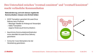 Den Unterschied zwischen "eventual consistent" und "eventuell konsistent"
macht verlässliche Kommunikation
12.08.2019Commands & Events – Divide and Conquer in Microservice Architekturen 5
Statusänderung und sich daraus ergebende
Kommunikation müssen eine Einheit bilden
• ACID Transaktion garantiert At-Least-Once
Delivery beim Producer
− Message-Tabellen & Hintergrund Versandjob
− Kafka Transaktion
(eigene Änderung & Kommunikation)
• Asynchrone Kommunikationsinfrastruktur
muss ebenfalls At-Least-Once Delivery
garantieren
• Consumer muss Idempotenz bei der
Verarbeitung garantieren.
 
