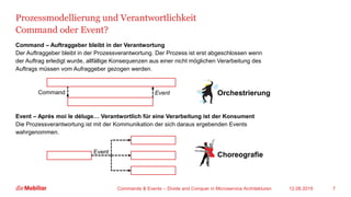 Prozessmodellierung und Verantwortlichkeit
Command oder Event?
Command – Auftraggeber bleibt in der Verantwortung
Der Auftraggeber bleibt in der Prozessverantwortung. Der Prozess ist erst abgeschlossen wenn
der Auftrag erledigt wurde, allfällige Konsequenzen aus einer nicht möglichen Verarbeitung des
Auftrags müssen vom Aufraggeber gezogen werden.
Event – Aprés moi le déluge… Verantwortlich für eine Verarbeitung ist der Konsument
Die Prozessverantwortung ist mit der Kommunikation der sich daraus ergebenden Events
wahrgenommen.
12.08.2019Commands & Events – Divide and Conquer in Microservice Architekturen 7
Command Event
Event
Orchestrierung
Choreografie
 