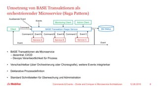 Umsetzung von BASE Transaktionen als
orchestrierender Microservice (Saga Pattern)
12.08.2019Commands & Events – Divide and Conquer in Microservice Architekturen 8
• BASE Transaktionen als Microservice
− dezentral, CI/CD
− Devops Verantwortlichkeit für Prozess
• Verschachtelbar (über Orchestrierung oder Choreografie), weitere Events integrierbar
• Deklarative Prozessdefinition
• Standard Schnittstellen für Überwachung und Administration
BASE Transaktion (Saga) Service
Service A Service B Service C
Client
Command
Command A Event A Command B Event B Command C Event C
Event
Btx Status
Admin ClientMonitoring Client
Auslösender Event
Event
Events
 