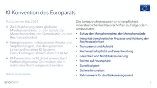 KI-Konvention des Europarats
7
Publiziert im Mai 2024
➢ Ziel: Etablierung eines globalen
Mindeststandards für den Schutz der
Menschenrechte, der Demokratie und der
Rechtsstaatlichkeit
➢ Kernprinzipien: risikobasierter Ansatz und
Verpflichtungen, die den gesamten
Lebenszyklus eines KI-Systems
berücksichtigen (ähnlich dem EU AI Act
➢ KI-Konvention nicht direkt anwendbar!
Enthält allgemeine Grundsätze, die in
nationales Recht umgesetzt werden.
Website des Europarats
Die Unterzeichnerstaaten sind verpflichtet,
innerstaatliche Rechtsvorschriften zu Folgendem
umzusetzen:
• Schutz der Menschenrechte, der Menschenwürde
• Integrität demokratischer Prozesse und Achtung der
Rechtsstaatlichkeit
• Transparenz und Aufsicht
• Rechenschaftspflicht und Verantwortung
• Gleichheit und Nichtdiskriminierung
• Rechte auf Privatsphäre
• Zuverlässigkeit
• Sichere Innovation
• Rahmenwerk für das Risikomanagement
 