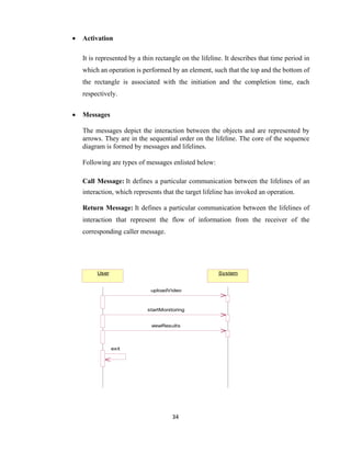 34
 Activation
It is represented by a thin rectangle on the lifeline. It describes that time period in
which an operation is performed by an element, such that the top and the bottom of
the rectangle is associated with the initiation and the completion time, each
respectively.
 Messages
The messages depict the interaction between the objects and are represented by
arrows. They are in the sequential order on the lifeline. The core of the sequence
diagram is formed by messages and lifelines.
Following are types of messages enlisted below:
Call Message: It defines a particular communication between the lifelines of an
interaction, which represents that the target lifeline has invoked an operation.
Return Message: It defines a particular communication between the lifelines of
interaction that represent the flow of information from the receiver of the
corresponding caller message.
User System
uploadVideo
startMonitoring
viewResults
exit
 