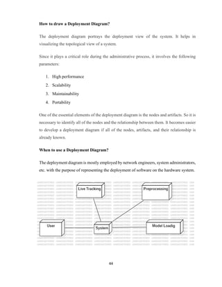 44
How to draw a Deployment Diagram?
The deployment diagram portrays the deployment view of the system. It helps in
visualizing the topological view of a system.
Since it plays a critical role during the administrative process, it involves the following
parameters:
1. High performance
2. Scalability
3. Maintainability
4. Portability
One of the essential elements of the deployment diagram is the nodes and artifacts. So it is
necessary to identify all of the nodes and the relationship between them. It becomes easier
to develop a deployment diagram if all of the nodes, artifacts, and their relationship is
already known.
When to use a Deployment Diagram?
The deployment diagram is mostly employed by network engineers, system administrators,
etc. with the purpose of representing the deployment of software on the hardware system.
 