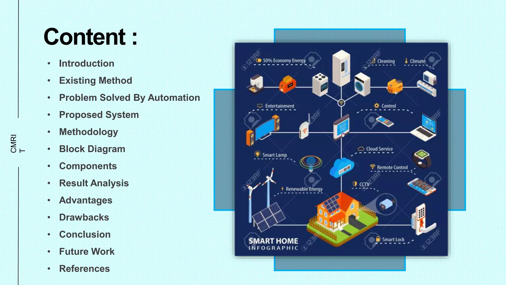 CMRI
T
Content :
• Introduction
• Existing Method
• Problem Solved By Automation
• Proposed System
• Methodology
• Block Diagram
• Components
• Result Analysis
• Advantages
• Drawbacks
• Conclusion
• Future Work
• References
 