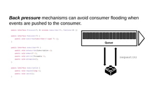 Back pressure mechanisms can avoid consumer flooding when
events are pushed to the consumer.
Queue
request(n)
 