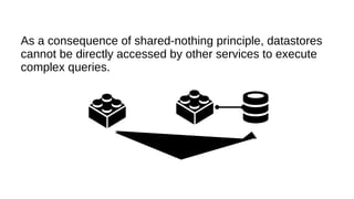 As a consequence of shared-nothing principle, datastores
cannot be directly accessed by other services to execute
complex queries.
 