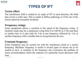 5/27/2023 GROUP 06 18
Vector effect
The interference field is rotated to an angle of 450 in each direction, the field
thus covers a wider area. This is useful in diffuse pathology or if the site of the
lesion cannot be accurately localized.
Frequency swings
Some equipments allows a variation in the speed of the frequency swing. A
rhythmic mode may be a continuous swing from 0 to 100 Hz in 5-10s and back
in similar time or it may hold for 1-6s at one frequency followed by 1-6s at
another frequency with a variable time to swing between the two.
Constant frequency
Some treatments may be carried out with the interference fixed at a certain
frequency. Rhythmic frequency is useful if several types of tissues are to be
treated at once. A variation in the frequency also overcomes the problem of
tissue accommodation where the response of a particular tissue decreases with
time.
TYPES OF IFT
 