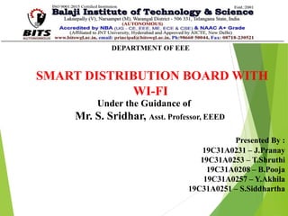 DEPARTMENT OF EEE
SMART DISTRIBUTION BOARD WITH
WI-FI
Under the Guidance of
Mr. S. Sridhar, Asst. Professor, EEED
Presented By :
19C31A0231 – J.Pranay
19C31A0253 – T.Shruthi
19C31A0208 – B.Pooja
19C31A0257 – Y.Akhila
19C31A0251 – S.Siddhartha
 