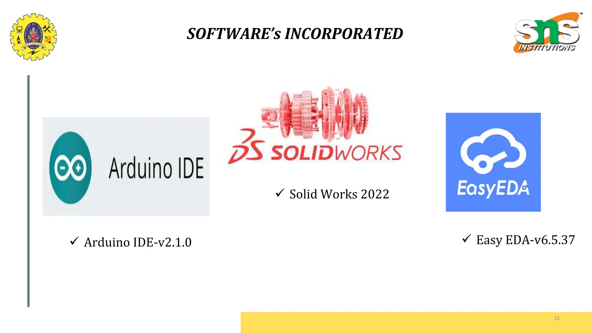 SOFTWARE’s INCORPORATED
13
 Arduino IDE-v2.1.0
 Solid Works 2022
 Easy EDA-v6.5.37
 