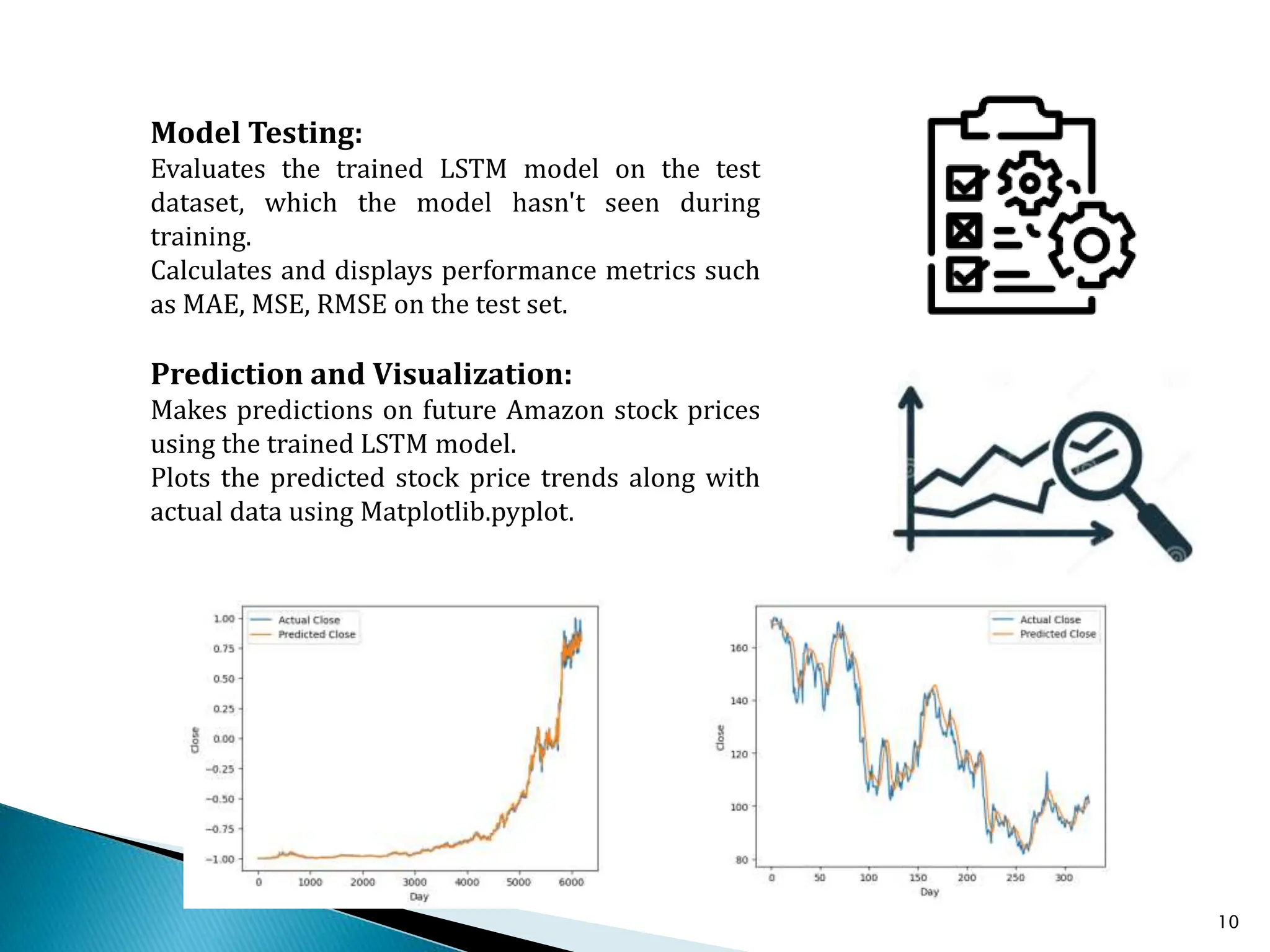 10
Model Testing:
Evaluates the trained LSTM model on the test
dataset, which the model hasn't seen during
training.
Calculates and displays performance metrics such
as MAE, MSE, RMSE on the test set.
Prediction and Visualization:
Makes predictions on future Amazon stock prices
using the trained LSTM model.
Plots the predicted stock price trends along with
actual data using Matplotlib.pyplot.
 