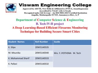 Department of Computer Science & Engineering
B. Tech IV-II project
A Deep Learning-Based Efficient Firearms Monitoring
Technique for Building Secure Smart Cities
Student Names Roll Number Guide
K. Silpa 20W51A0535
Mrs. Y. JYOTHSNA M. Tech
M. Mounika 20W51A0540
K. Mohammad Sharif 20W51A0533
K. Pallavi 20W51A0532
 