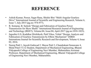 REFERENCE
• Ashish Kumar, Puwar, Sagar Rana, Shishir Bist “Multi-Angular Gearless
Drive” International Journal of Scientific and Engineering Research, Volume 6,
Issue 7, July-2015 (pg.no: 974-977).
• R. Somaraj, B. Sailesh “Design and Fabrication of Gearless Power
Transmission for Skew Shafts” International Research Journal of Engineering
and Technology (IRJET), Volume:04, Issue:04, April-2017 (pg.no:1018-1023).
• Jagushte G.S, Kudalkar Hrishikesh, Patil Vikas, Vishal “Design, Analysis and
Fabrication of Gearless Transmission by Elbow Mechanism” IJSRD-
Internationa Journal for Scientific Research and Development, Volume 4, Issue
02, 2016.
• Neeraj Patil 1, Jayesh Gaikwad 2, Mayur Patil 3, Chandrakant Sonawane 4,
Shital Patel 5 U.G Student, Department of Mechanical Engineering, Bharati
Vidyapeeth College of Engineering Navi Mumbai, Maharashtra.Assistant
Professor, Department of Mechanical Engineering, Bharati Vidyapeeth College
of Engineering Navi Mumbai, Maharashtra.
 