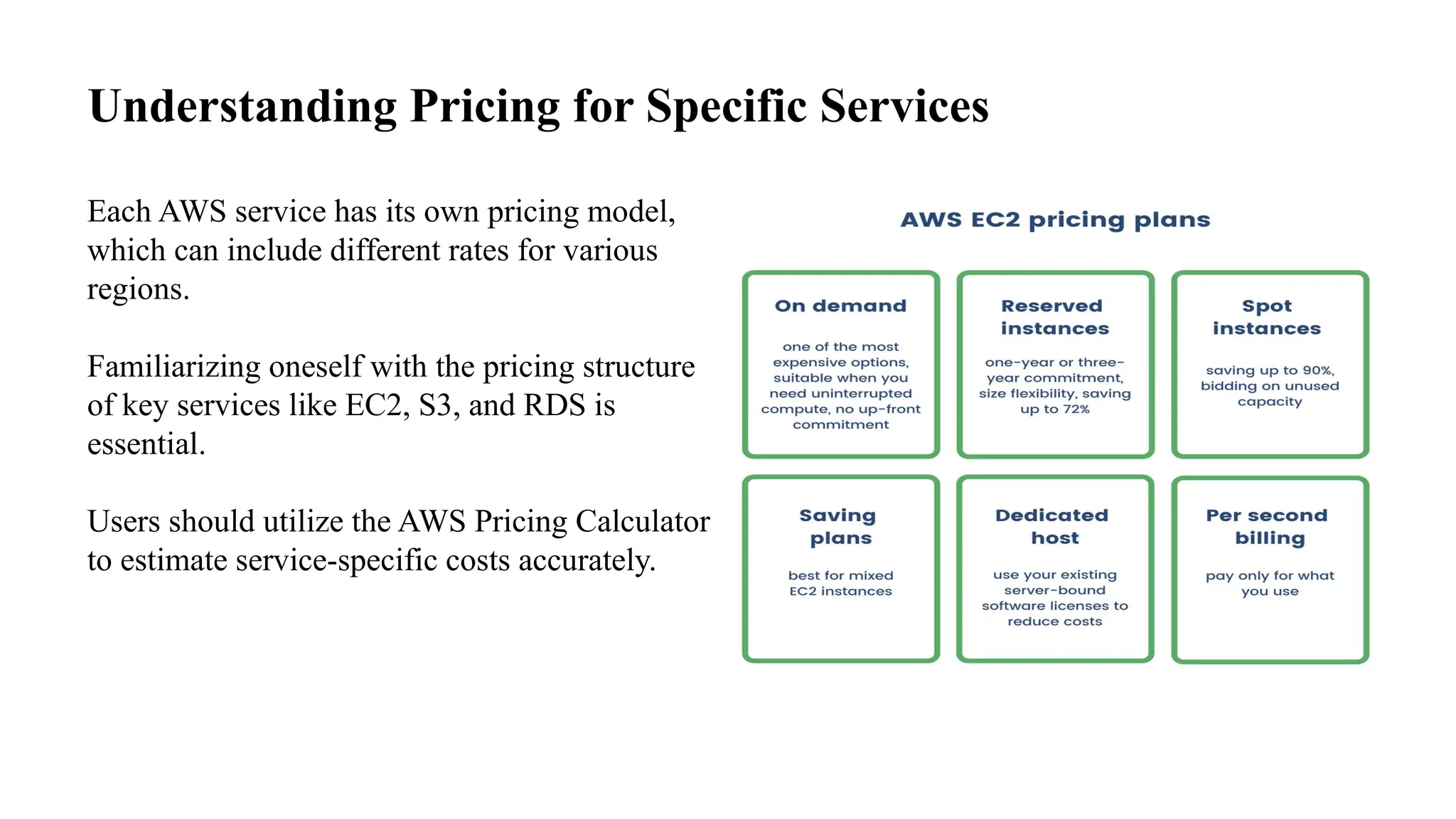 Understanding Pricing for Specific Services
Each AWS service has its own pricing model,
which can include different rates for various
regions.
Familiarizing oneself with the pricing structure
of key services like EC2, S3, and RDS is
essential.
Users should utilize the AWS Pricing Calculator
to estimate service-specific costs accurately.
 