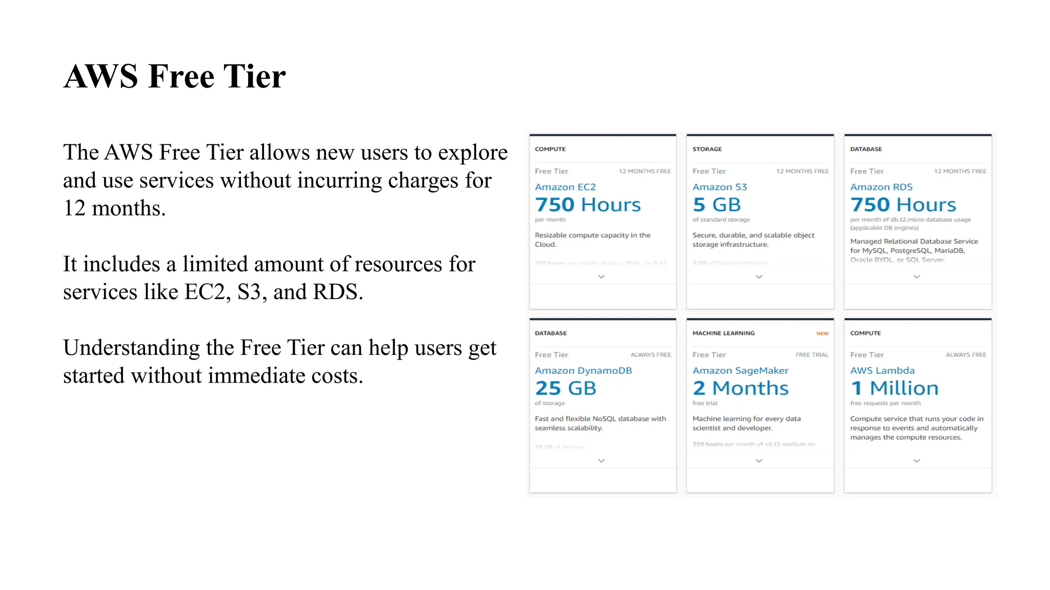 AWS Free Tier
The AWS Free Tier allows new users to explore
and use services without incurring charges for
12 months.
It includes a limited amount of resources for
services like EC2, S3, and RDS.
Understanding the Free Tier can help users get
started without immediate costs.
 