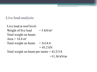 Live load analysis:
Live load at roof level:
Weight of live load = 3 kN/m²
Total weight on beam:
Area = 14.4 m²
Total weight on beam = 3x14.4
= 43.2 kN
Total weight on beam per metre = 43.2/3.8
=11.36 kN/m
 