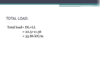 TOTAL LOAD:
Total load= DL+LL
= 22.5+11.36
= 35.86 kN/m
 