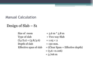 Manual Calculation
Design of Slab – S1
Size of room = 3.6 m * 3.8 m
Type of slab = Two way Slab
(Ly/Lx) = (3.8/3.6) = 1.05 < 2
Depth of slab = 130 mm.
Effective span of slab = (Clear Span + Effective depth)
= (3.6 +0.106)
= 3.706 m
 