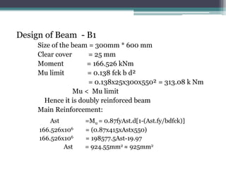 Design of Beam - B1
Size of the beam = 300mm * 600 mm
Clear cover = 25 mm
Moment = 166.526 kNm
Mu limit = 0.138 fck b d²
= 0.138x25x300x550² = 313.08 k Nm
Mu < Mu limit
Hence it is doubly reinforced beam
Main Reinforcement:
Ast =Mu = 0.87fyAst.d[1-(Ast.fy/bdfck)]
166.526x106 = (0.87x415xAstx550)
166.526x106 = 198577.5Ast-19.97
Ast = 924.55mm2 ≈ 925mm2
 