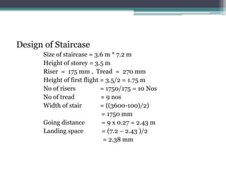 Design of Staircase
Size of staircase = 3.6 m * 7.2 m
Height of storey = 3.5 m
Riser = 175 mm , Tread = 270 mm
Height of first flight = 3.5/2 = 1.75 m
No of risers = 1750/175 = 10 Nos
No of tread = 9 nos
Width of stair = ((3600-100)/2)
= 1750 mm
Going distance = 9 x 0.27 = 2.43 m
Landing space = (7.2 – 2.43 )/2
= 2.38 mm
 