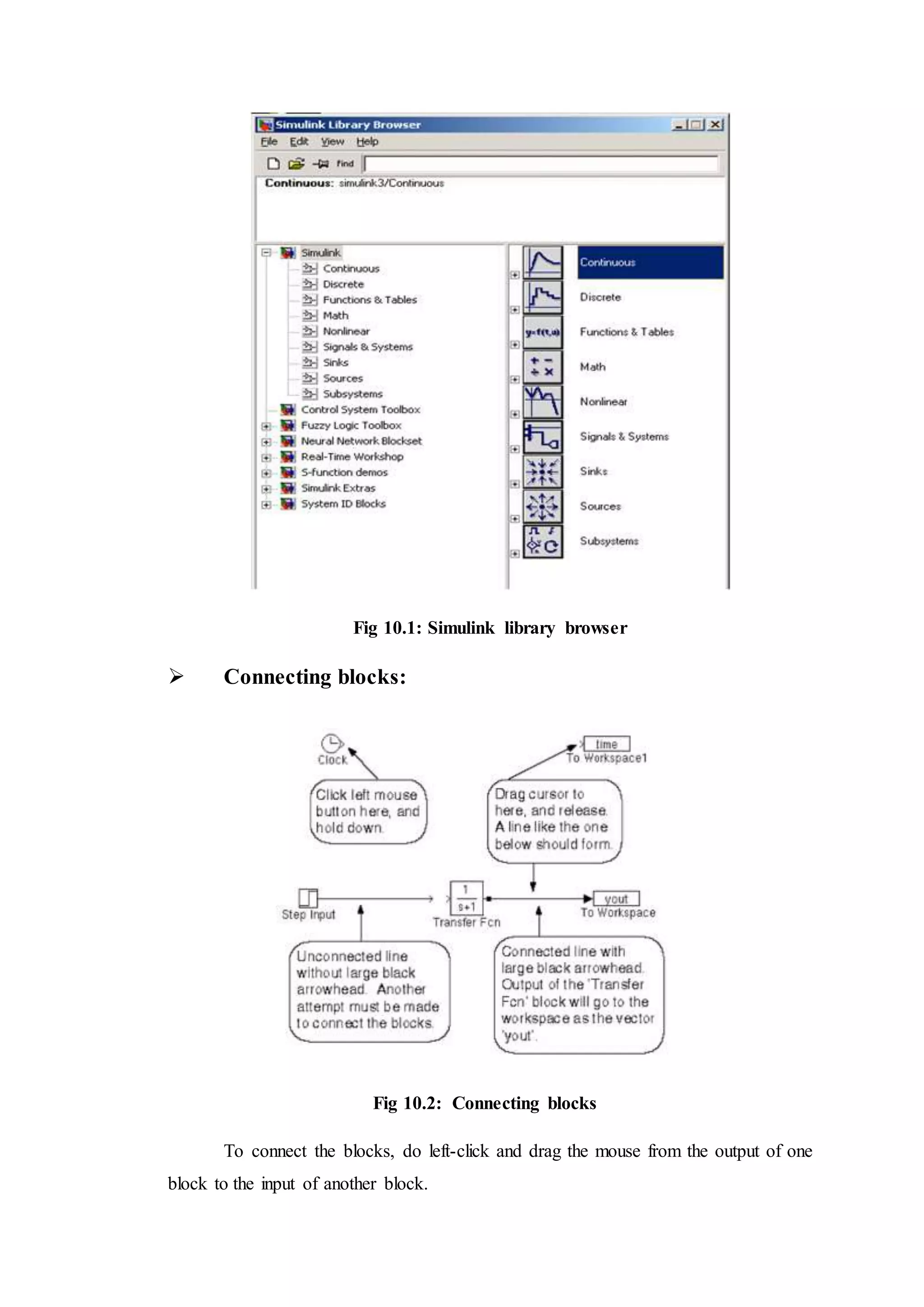 Fig 10.1: Simulink library browser
 Connecting blocks:
Fig 10.2: Connecting blocks
To connect the blocks, do left-click and drag the mouse from the output of one
block to the input of another block.
 