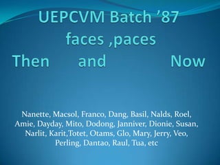 UEPCVM Batch ’87 faces ,pacesThen 		and			 Now Nanette, Macsol, Franco, Dang, Basil, Nalds, Roel, Amie, Dayday, Mito, Dodong, Janniver, Dionie, Susan, Narlit, Karit,Totet, Otams, Glo, Mary, Jerry, Veo, Perling, Dantao, Raul, Tua, etc 