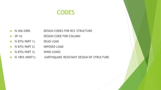 CODES
 IS 456:2000 DESIGN CODES FOR RCC STRUCTURE
 SP-16 DESIGN CODE FOR COLUMN
 IS 875( PART 1) DEAD LOAD
 IS 875( PART 2) IMPOSED LOAD
 IS 875( PART 3) WIND LOADS
 IS 1893 (PART1) EARTHQUAKE RESISTANT DESIGN OF STRUCTURE
 