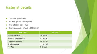 Material details
 Concrete grade: M25
 All steel grade: Fe550 grade
 Type of steel bar: HYSD
 Bearing capacity of soil: >180 KN/M2
MATERIAL DENSITY
Plain Concrete 24 KN/M3
Reinforced Concrete 25 KN/M3
Flooring material 20 KN/M3
Brick Masonry 19 KN/M3
Fly Ash 5 KN/M3
 