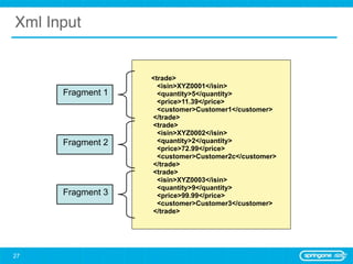 Xml Input


                   <trade>
                     <isin>XYZ0001</isin>
      Fragment 1     <quantity>5</quantity>
                     <price>11.39</price>
                     <customer>Customer1</customer>
                   </trade>
                   <trade>
                     <isin>XYZ0002</isin>
      Fragment 2     <quantity>2</quantity>
                     <price>72.99</price>
                     <customer>Customer2c</customer>
                   </trade>
                   <trade>
                     <isin>XYZ0003</isin>
                     <quantity>9</quantity>
      Fragment 3     <price>99.99</price>
                     <customer>Customer3</customer>
                   </trade>




27
 