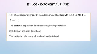 Ⅲ. LOG / EXPONENTIAL PHASE
• This phase is characterized by Rapid exponential cell growth (i.e.,1 to 2 to 4 to
8 and …..)
• The bacterial population doubles during every generation.
• Cell division occurs in this phase
• The bacterial cells are small and uniformly stained
 