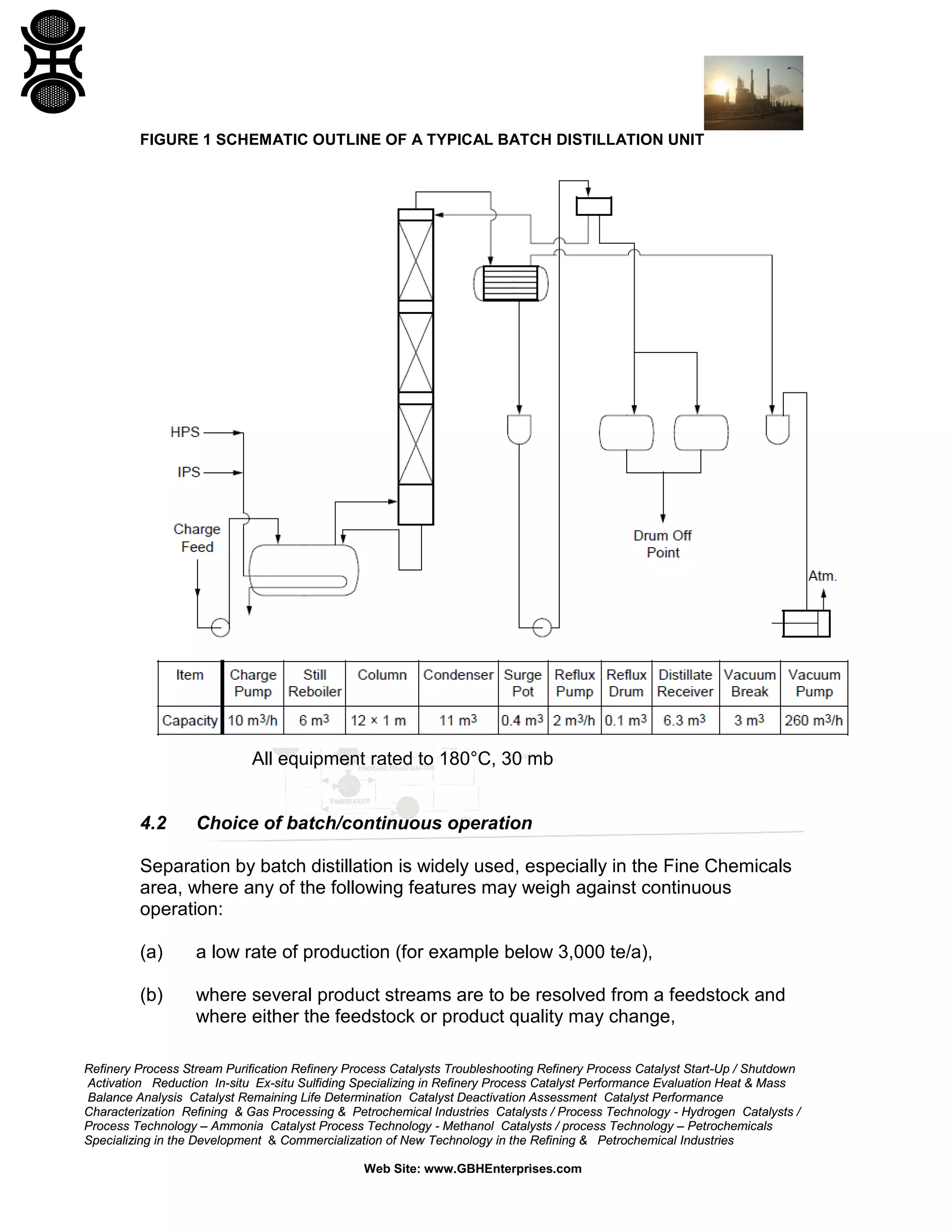 FIGURE 1 SCHEMATIC OUTLINE OF A TYPICAL BATCH DISTILLATION UNIT

All equipment rated to 180°C, 30 mb

4.2

Choice of batch/continuous operation

Separation by batch distillation is widely used, especially in the Fine Chemicals
area, where any of the following features may weigh against continuous
operation:
(a)

a low rate of production (for example below 3,000 te/a),

(b)

where several product streams are to be resolved from a feedstock and
where either the feedstock or product quality may change,

Refinery Process Stream Purification Refinery Process Catalysts Troubleshooting Refinery Process Catalyst Start-Up / Shutdown
Activation Reduction In-situ Ex-situ Sulfiding Specializing in Refinery Process Catalyst Performance Evaluation Heat & Mass
Balance Analysis Catalyst Remaining Life Determination Catalyst Deactivation Assessment Catalyst Performance
Characterization Refining & Gas Processing & Petrochemical Industries Catalysts / Process Technology - Hydrogen Catalysts /
Process Technology – Ammonia Catalyst Process Technology - Methanol Catalysts / process Technology – Petrochemicals
Specializing in the Development & Commercialization of New Technology in the Refining & Petrochemical Industries
Web Site: www.GBHEnterprises.com

 