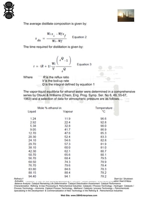 The average distillate composition is given by:

The time required for distillation is given by:

Where

R is the reflux ratio
V is the boil-up rate
Q is the integral defined by equation 1

The vapor-liquid equilibria for ethanol water were determined in a comprehensive
series by Otsuki & Williams (Chem. Eng. Prog. Symp. Ser. No 6, 49, 55-67,
1963) and a selection of data for atmospheric pressure are as follows:

Refinery Process Stream Purification Refinery Process Catalysts Troubleshooting Refinery Process Catalyst Start-Up / Shutdown
Activation Reduction In-situ Ex-situ Sulfiding Specializing in Refinery Process Catalyst Performance Evaluation Heat & Mass
Balance Analysis Catalyst Remaining Life Determination Catalyst Deactivation Assessment Catalyst Performance
Characterization Refining & Gas Processing & Petrochemical Industries Catalysts / Process Technology - Hydrogen Catalysts /
Process Technology – Ammonia Catalyst Process Technology - Methanol Catalysts / process Technology – Petrochemicals
Specializing in the Development & Commercialization of New Technology in the Refining & Petrochemical Industries
Web Site: www.GBHEnterprises.com

 
