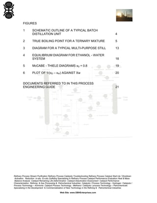 FIGURES
1

SCHEMATIC OUTLINE OF A TYPICAL BATCH
DISTILLATION UNIT

4

2

TRUE BOILING POINT FOR A TERNARY MIXTURE

5

3

DIAGRAM FOR A TYPICAL MULTI-PURPOSE STILL

13

4

EQUILIBRIUM DIAGRAM FOR ETHANOL - WATER
SYSTEM

18

5

McCABE - THIELE DIAGRAMS xD = 0.8

19

6

PLOT OF 1/(xD – xW) AGAINST Xw

20

DOCUMENTS REFERRED TO IN THIS PROCESS
ENGINEERING GUIDE

21

Refinery Process Stream Purification Refinery Process Catalysts Troubleshooting Refinery Process Catalyst Start-Up / Shutdown
Activation Reduction In-situ Ex-situ Sulfiding Specializing in Refinery Process Catalyst Performance Evaluation Heat & Mass
Balance Analysis Catalyst Remaining Life Determination Catalyst Deactivation Assessment Catalyst Performance
Characterization Refining & Gas Processing & Petrochemical Industries Catalysts / Process Technology - Hydrogen Catalysts /
Process Technology – Ammonia Catalyst Process Technology - Methanol Catalysts / process Technology – Petrochemicals
Specializing in the Development & Commercialization of New Technology in the Refining & Petrochemical Industries
Web Site: www.GBHEnterprises.com

 