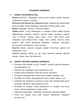 ХИЧЭЭЛИЙН ТӨЛӨВЛӨЛТ
1.1. ЭЭЛЖИТ ХИЧЭЭЛИЙН БҮТЭЦ
Агуулга: Сургалтын бүрэлдэхүүн хэсгүүд болох мэдлэг, чадвар хэрэглээг
тодорхойлсон агуулгын тогтолцоо
Хүлээгдэж буй ерөнхий ба тодорхой үр дүн: Суралцах үйл ажиллагаааас
үүссэн хүүхдийн хөгжил төлөвшилд гарах ойрын болоод хэтийн үр дүн
Мэдлэг: Ухагдахуун, ойлголт, нотлогдсон баримт.
Чадвар: Мэдлэг нь үйл ажиллагааны нь мөрдлөг болсон хэлбэр. Асуудал
шийдвэрлэхдээ эзэмшсэн мэдлэгээ хэрэглэх дадал, туршлагын үзүүлэлт
гэсэн үг. Ажиглах, ярилцах, унших, бодох, сэтгэх, хийж бүтээх, засаж
сайжруулах, эрэл хайгуул бүтээх, турших, ялгах, ангилах, бүлэглэх, нөхөх,
хувиргал хийх, жишээ баримтаар баяжуулах, түүвэрлэх, харьцуулах,
нэгтгэн дүгнэх үйл ажиллагаа чухал үүрэгтэй.
Хэрэглээ: Сурсан мэдсэнээ амьдрал ахуйдаа бүтээлчээр хэрэглэх үйл
ажиллагааны цогц.
Үнэлгээ: Хүлээгдэж байгаа үр дүн ямар хэмжээнд хүрснийг илрүүлэх
шалгуур, загвар, сорил, үйл ажиллагаа.
1.2. ЭЭЛЖИТ ХИЧЭЭЛД ТАВИГДАХ ШААРДЛАГА
 Хүлээгдэж буй ерөнхий үр дүнг стандарт, агуулгын хүрээтэй нийцүүлэн
зөв тодорхойлсон уу?
 Зорилтыг цогц чадамжийн дагуу тодорхойлсон эсэх
 Агуулгаа бүрэн эзэмшүүлэх арга зүйн сонголт хэр болсон
 Эл агуулгаа эзэмшүүлэхдээ өмнөх мэдлэг чадварт суурилсан эсэх
 Хөтөлбөр чинь ээлжит хичээлүүдийнхээ бүтэц хэлбэрт нийцсэн эсэх
 Хүлээгдэж буй ерөнхий ба тодорхой үр дүнд хүрэх боломж бүхий дасгал
даалгавар, сургалтын хэрэглэгдэхүүнтэй эсэх
 Хичээлийн үе шатуудыг цагаар хуваарилсан нь хүүхдийн анги насны
онцлог, хэрэгцээ шаардлагад тохирсон эсэх
 Сургалтанд мэдээллийн технологийг хүртээмжтэй ашигласан байдал
 Сэтгэл зүй, жендэр, эрүүл ахуй, аюулгүй ажиллагааны шаардлага
хангасан эсэх
 