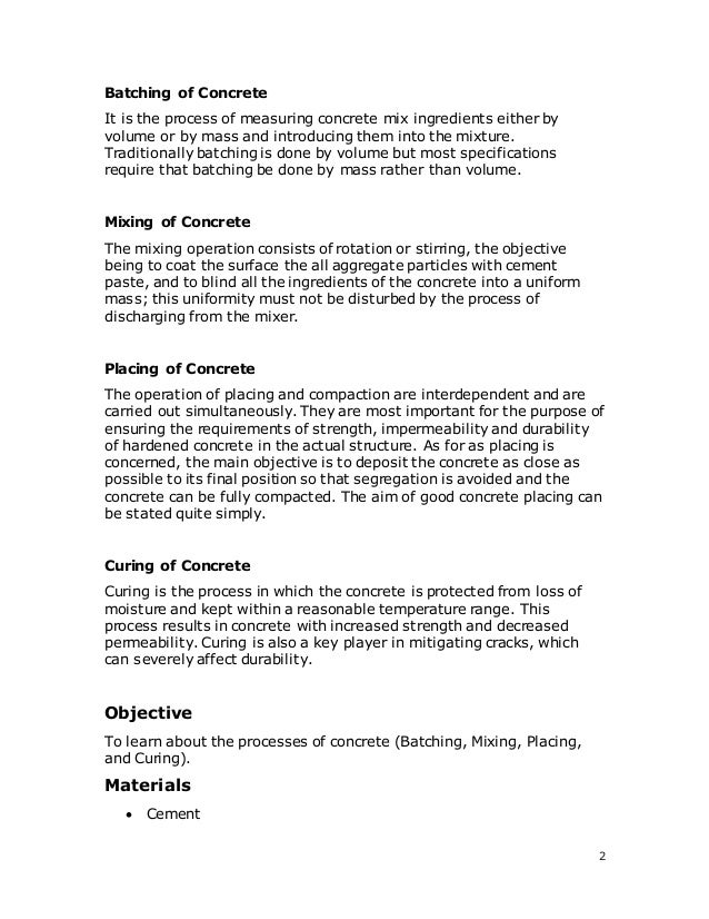 Batching, mixing, placing, and curing of concrete Report