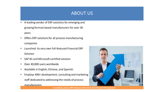 ABOUT US
A complete, proven ERP Software with End-to-End Financial Management
• A leading vendor of ERP solutions for emerging and
growing formula based manufacturers for over 30
years
• Offers ERP solutions for all process manufacturing
companies
• Launched its very own full-featured Financial ERP
Solution
• SAP B1 and Microsoft certified solution
• Over 40,000 users worldwide
• Available in English, Chinese, and Spanish.
• Employs 400+ development, consulting and marketing
staff dedicated to addressing the needs of process
manufacturers
 