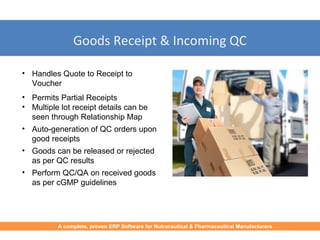 Goods Receipt & Incoming QC
End-to-End ERP Solution for Food & Beverages
• Handles Quote to Receipt to
Voucher
• Permits Partial Receipts
• Multiple lot receipt details can be
seen through Relationship Map
• Auto-generation of QC orders upon
good receipts
• Goods can be released or rejected
as per QC results
• Perform QC/QA on received goods
as per cGMP guidelines
A complete, proven ERP Software for Nutraceutical & Pharmaceutical Manufacturers
 
