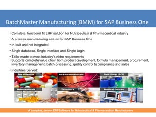 BatchMaster Manufacturing (BMM) for SAP Business One
A complete, proven ERP Software for Nutraceutical & Pharmaceutical Manufacturers
• Complete, functional fit ERP solution for Nutraceutical & Pharmaceutical Industry
• A process-manufacturing add-on for SAP Business One
• In-built and not integrated
• Single database, Single Interface and Single Login
• Tailor made to meet industry’s niche requirements
• Supports complete value chain from product development, formula management, procurement,
inventory management, batch processing, quality control to compliance and sales
• Industries Served:
 