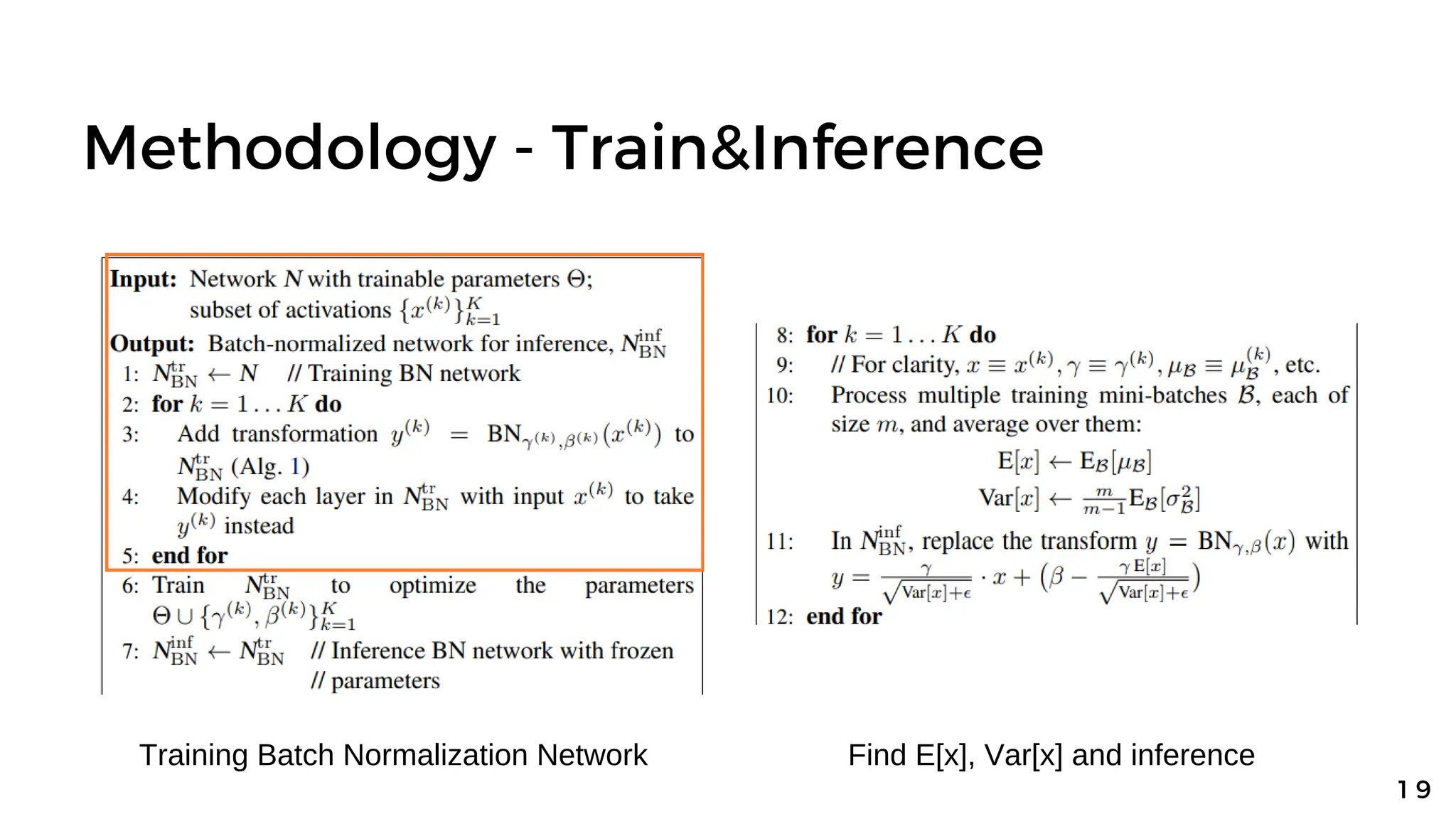 Methodology - Train&Inference
1 9
Training Batch Normalization Network Find E[x], Var[x] and inference
 