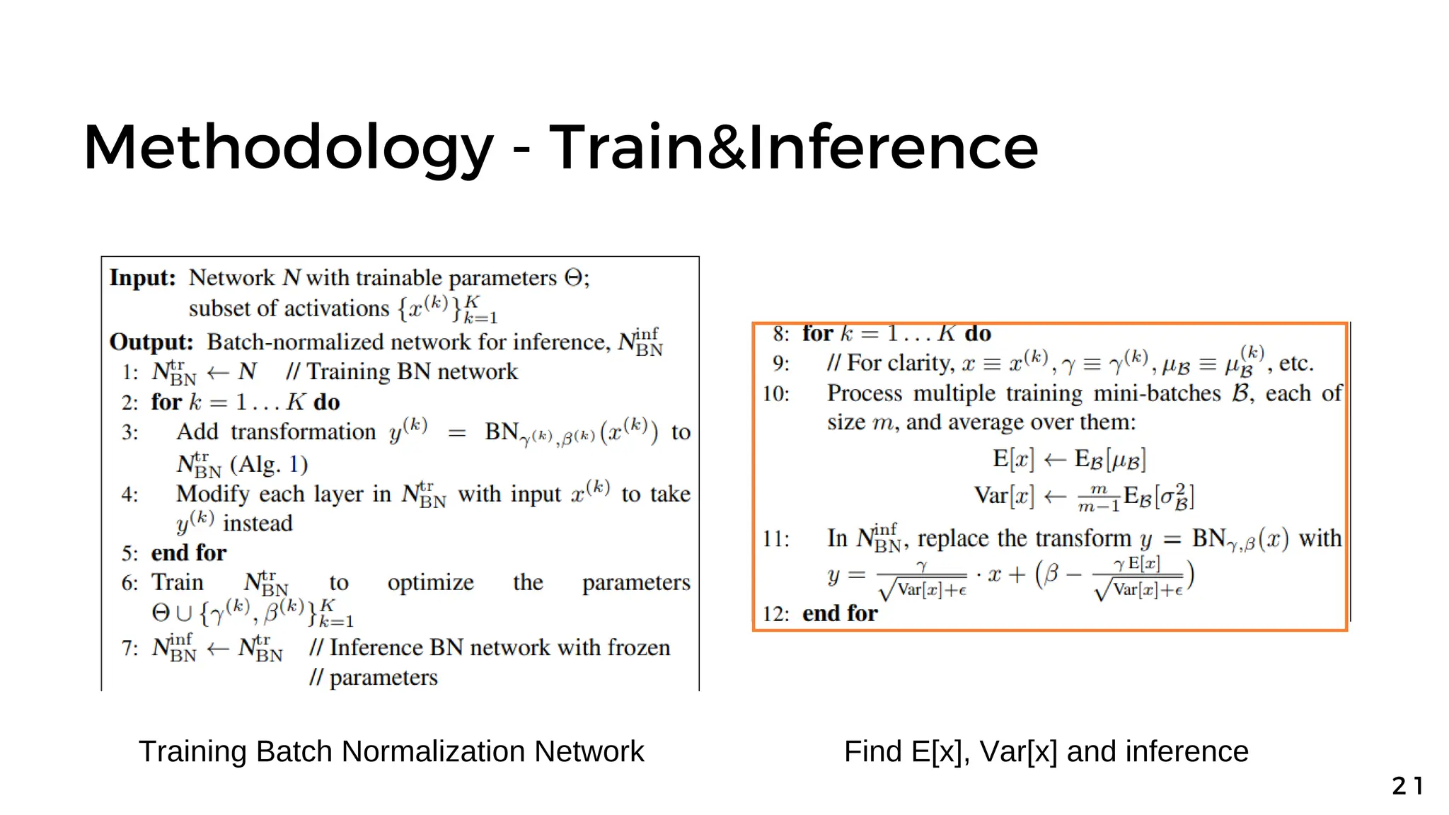 Methodology - Train&Inference
2 1
Training Batch Normalization Network Find E[x], Var[x] and inference
 