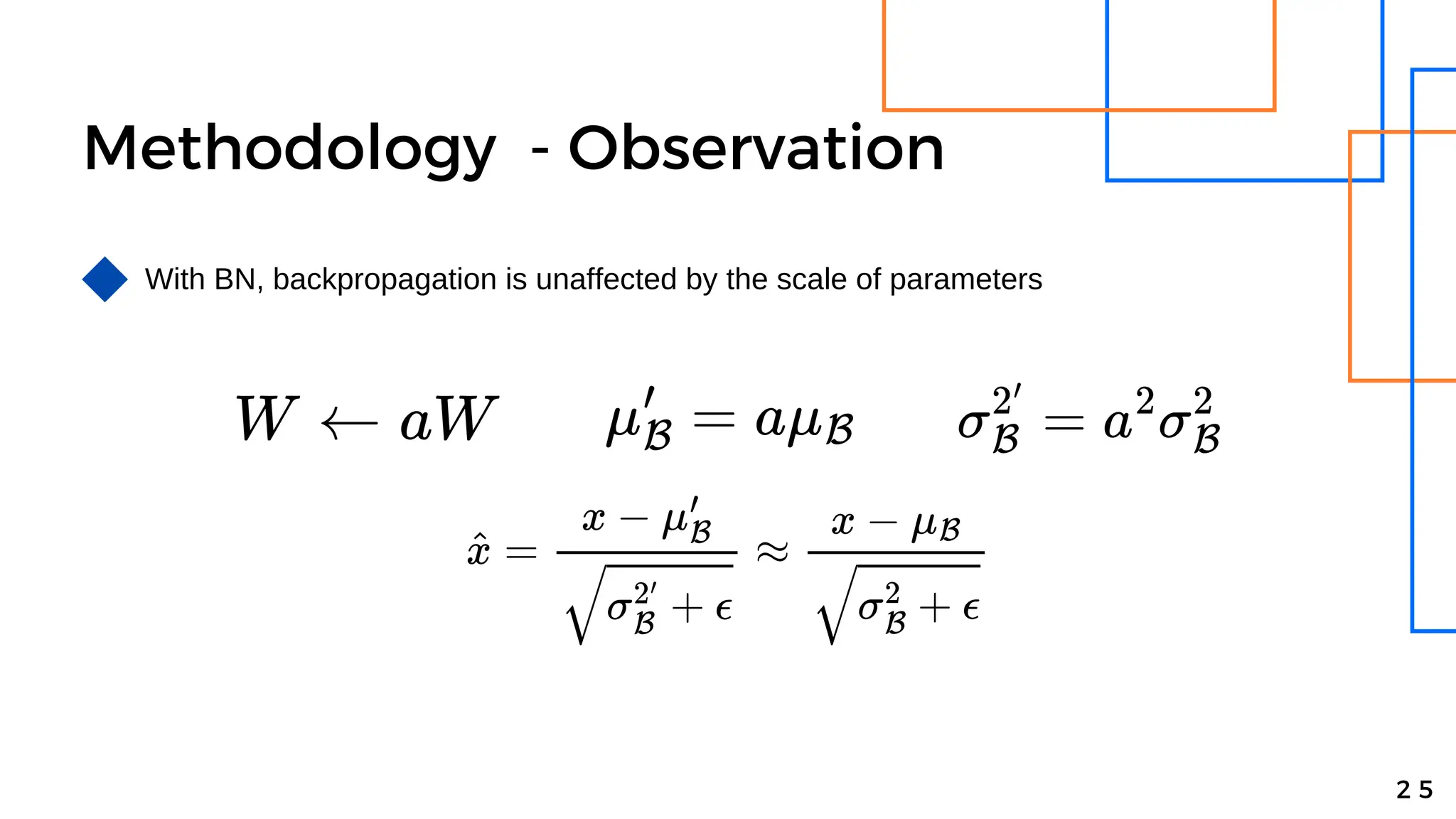 Methodology - Observation
With BN, backpropagation is unaffected by the scale of parameters
2 5
 