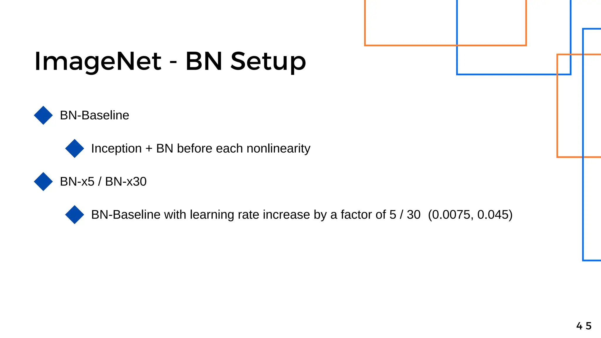 ImageNet - BN Setup
4 5
BN-Baseline
Inception + BN before each nonlinearity
BN-x5 / BN-x30
BN-Baseline with learning rate increase by a factor of 5 / 30 (0.0075, 0.045)
 
