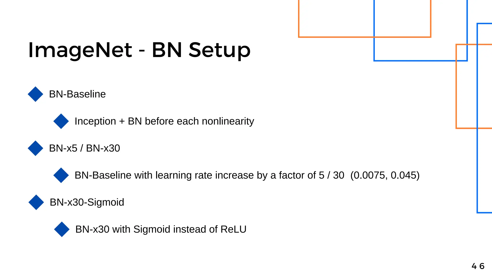ImageNet - BN Setup
4 6
BN-Baseline
Inception + BN before each nonlinearity
BN-x5 / BN-x30
BN-Baseline with learning rate increase by a factor of 5 / 30 (0.0075, 0.045)
BN-x30-Sigmoid
BN-x30 with Sigmoid instead of ReLU
 