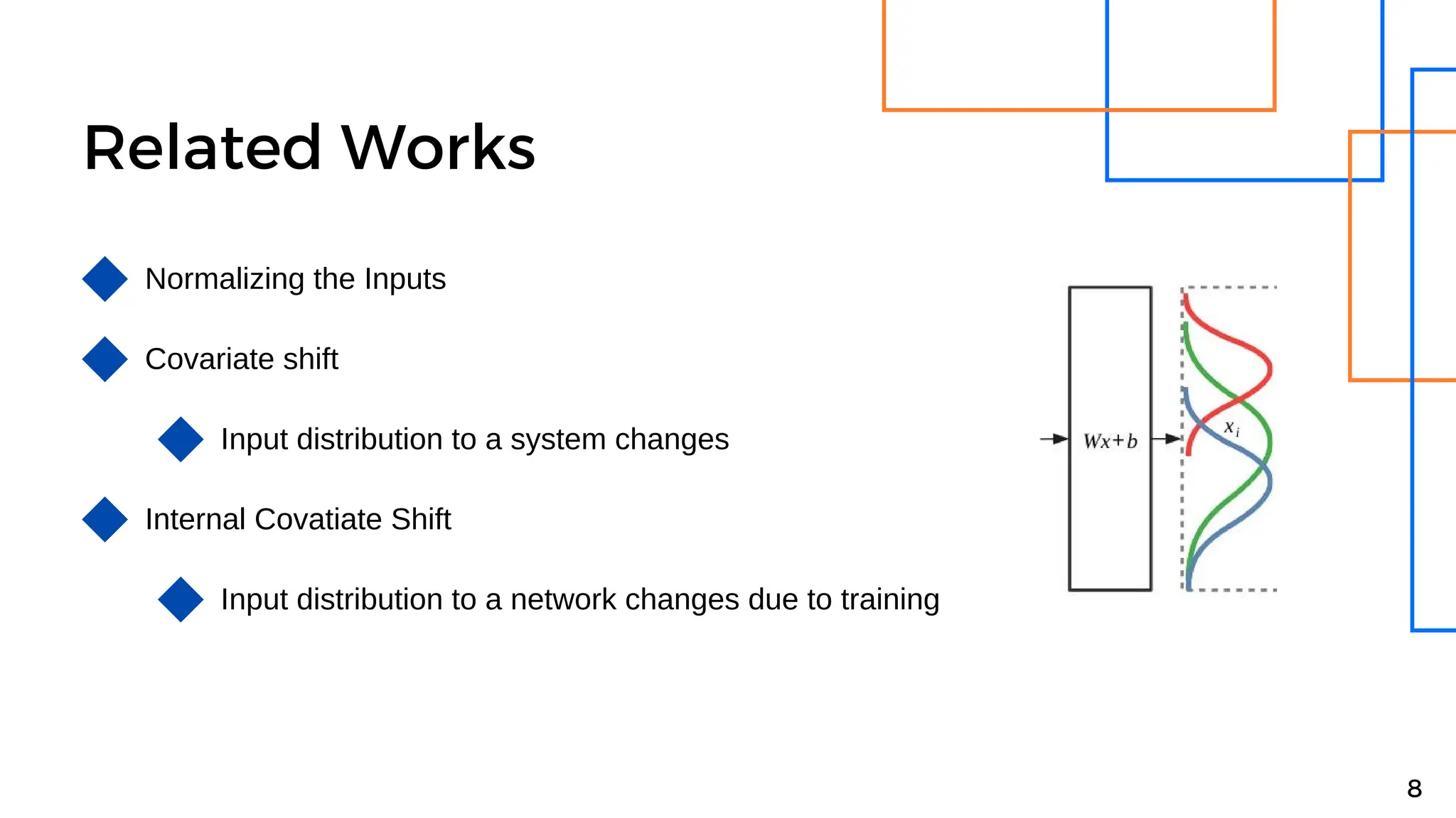 Related Works
Normalizing the Inputs
Covariate shift
Input distribution to a system changes
8
Internal Covatiate Shift
Input distribution to a network changes due to training
 